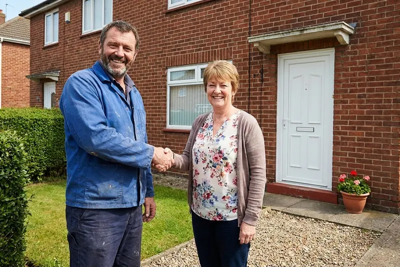 A tradesman in blue workwear and a homeowner smiling while shaking hands outside a red brick house.